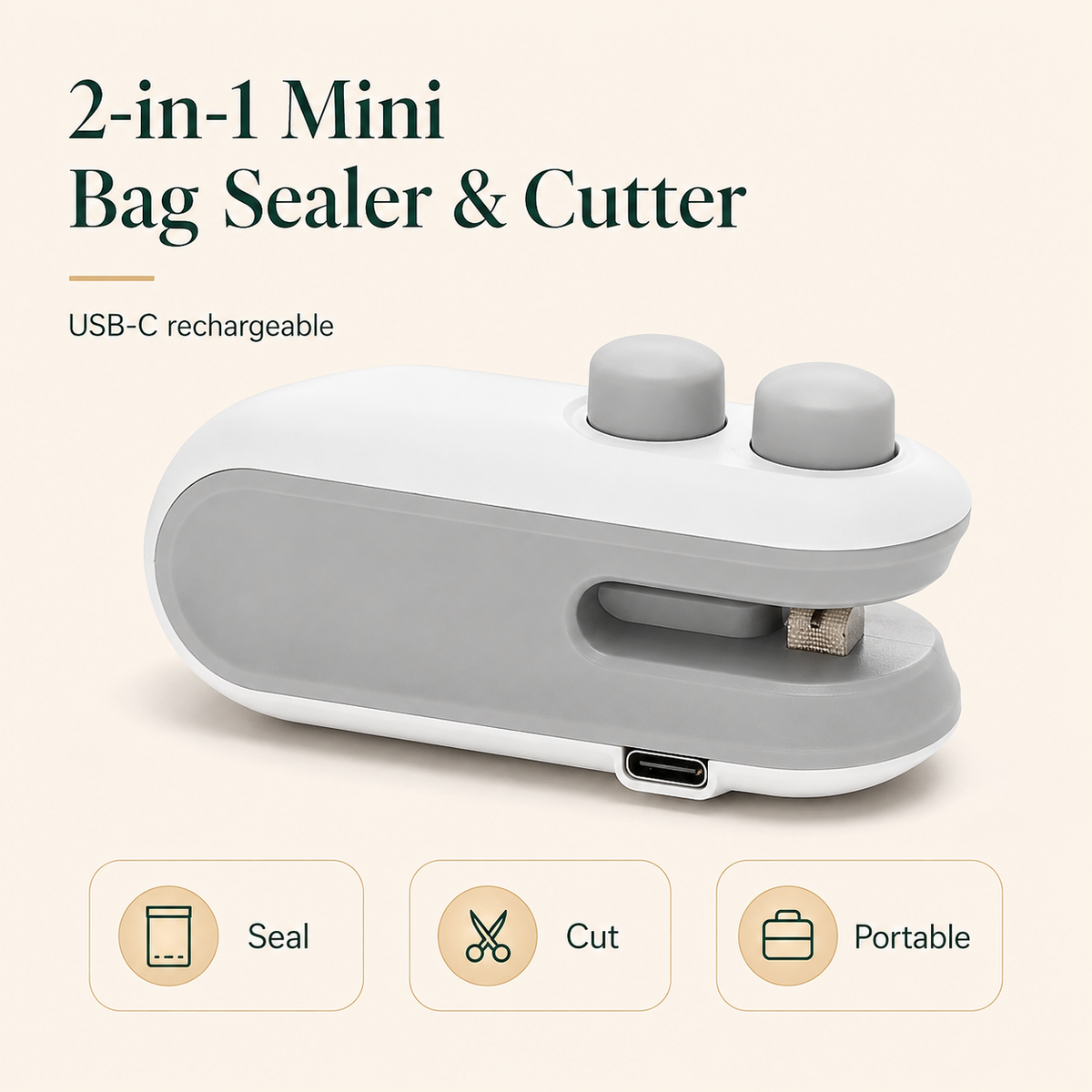 Mini Bag Sealer with Cutter – 2-in-1 USB-C Rechargeable Heat Sealer