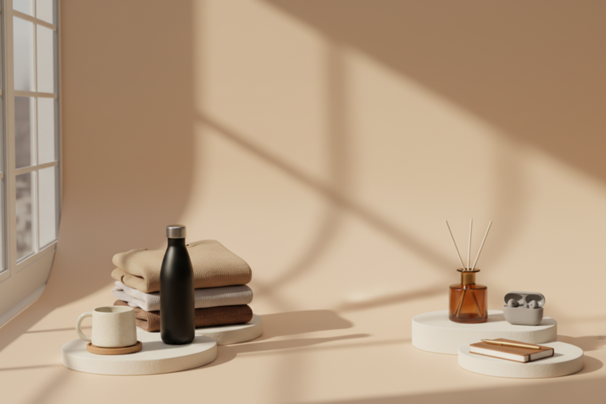 Premium modern lifestyle store offering smart, practical finds for everyday life. Create a clean, sophisticated and distinctive design using warm beige, soft ivory and deep forest green, with generous white space, elegant geometric typography, minimal product layouts and refined lifestyle imagery. The brand should feel trustworthy, contemporary and premium rather than like a generic dropshipping store. Use a strong hero section, curated featured products, clean collections and subtle luxury details.
