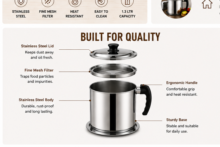 Premium Stainless Steel Oil Filter Pot (1.3 Ltr)